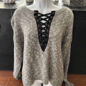 Express Gray Marled Pullover Long Sleeve Sweater Black Lace  Tie Neckline  Large